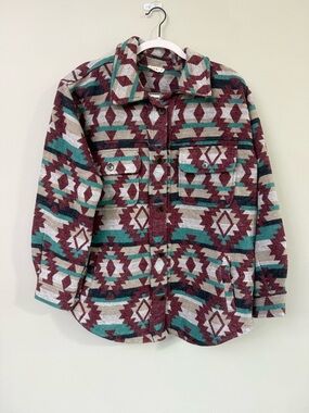 Kori Aztec Button-Up Shirt Jacket in Burgundy, Teal & Cream